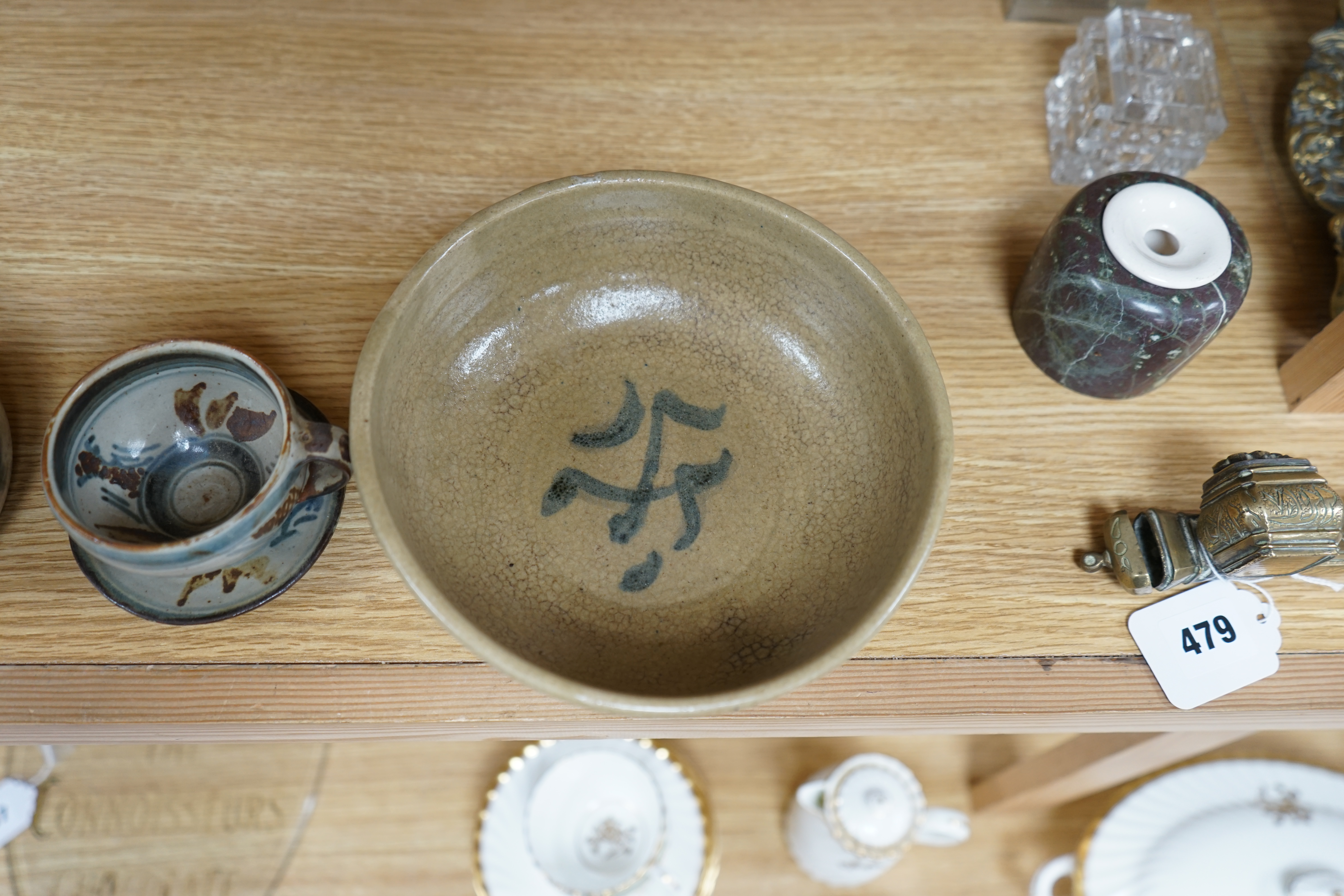 Three pieces of glazed studio pottery to include bowl and vase, largest 19cm in diameter. Condition - good